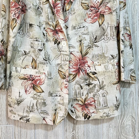Vintage 90’s Floral Print Neutral Flax Blend Women's Blazer Size Large - Picture 3 of 13